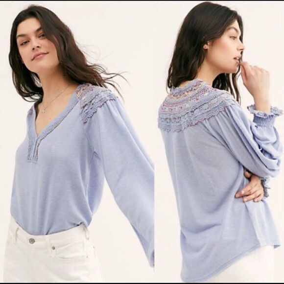 FREE PEOPLE SIESTA EMBROIDERED BOHO BLUE TOP XS - Picture 1 of 5